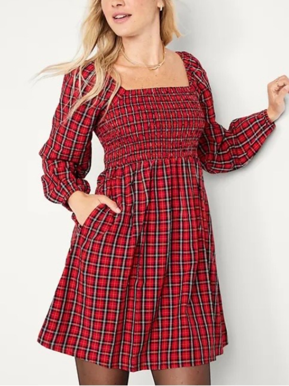 Old Navy Red Plaid Smocked Square-Neck Mini Dress